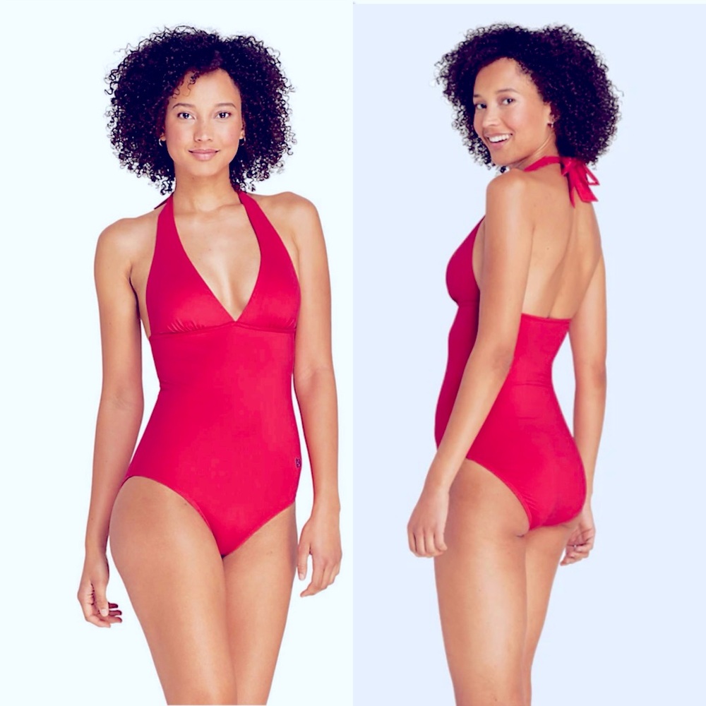 NWT Draper James x Lands' End Women's V-neck Halter One Piece Swimsuit Sz 14